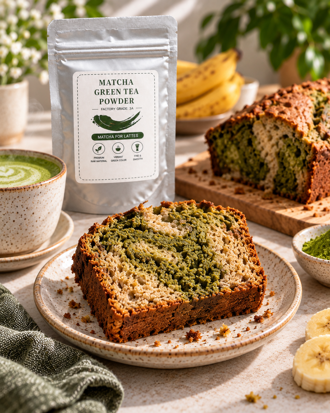 Sliced matcha banana bread showing green marble layers