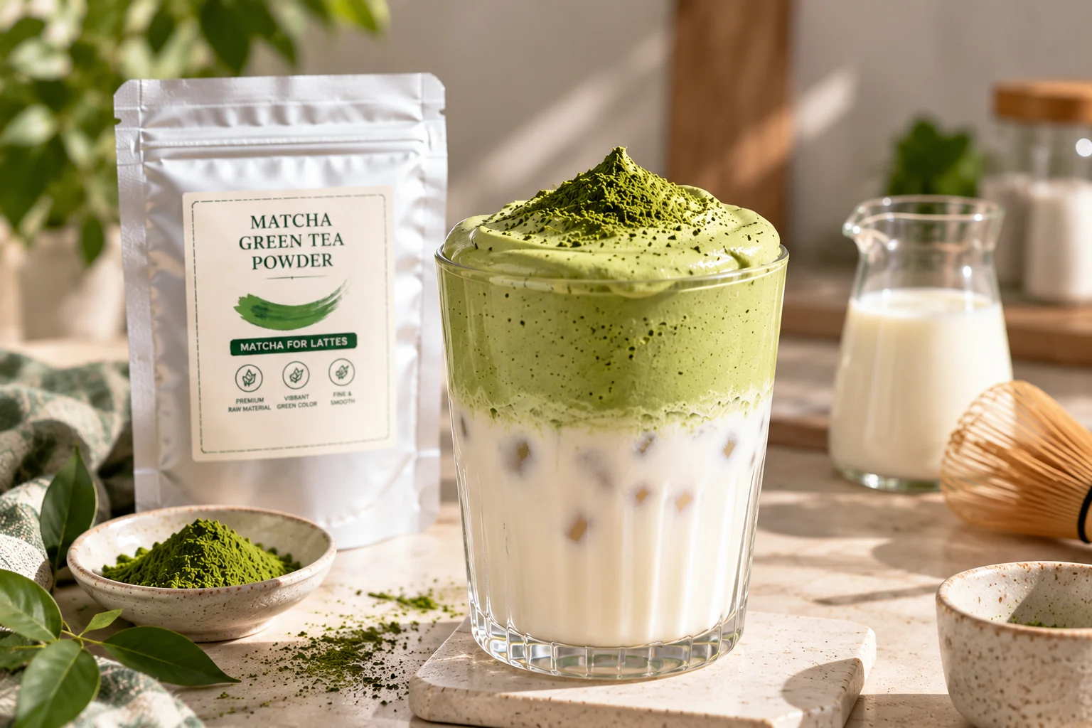 Finished dalgona matcha latte with a thick whipped matcha cloud over milk