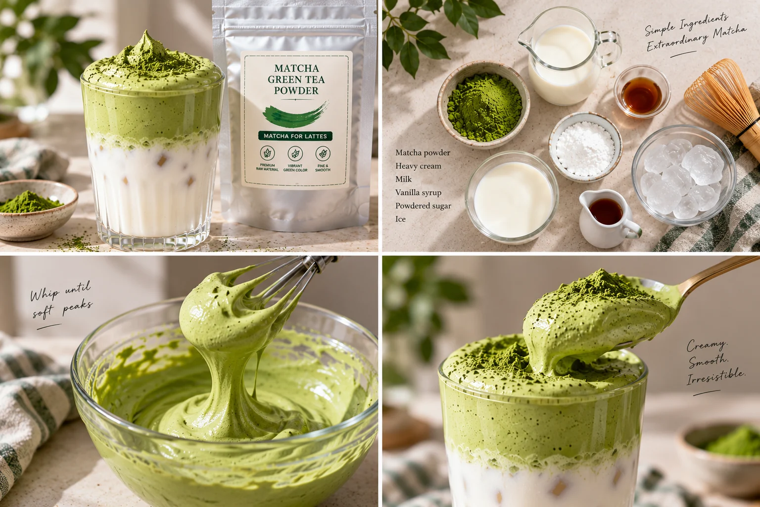 Dalgona matcha ingredients, whipping process and finished matcha foam